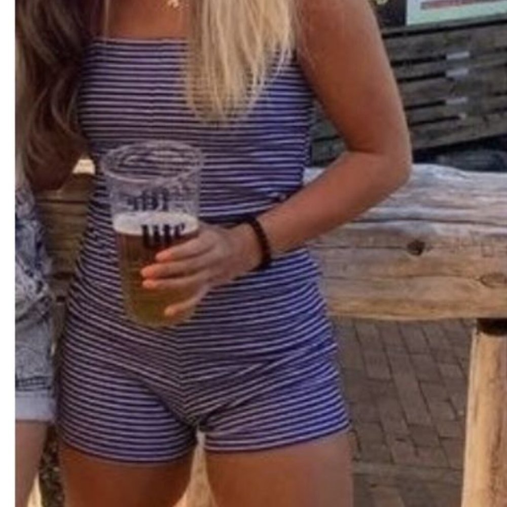 Zara Blue & White Striped Cotton Stretch 1 Piece Romper - size M NWT